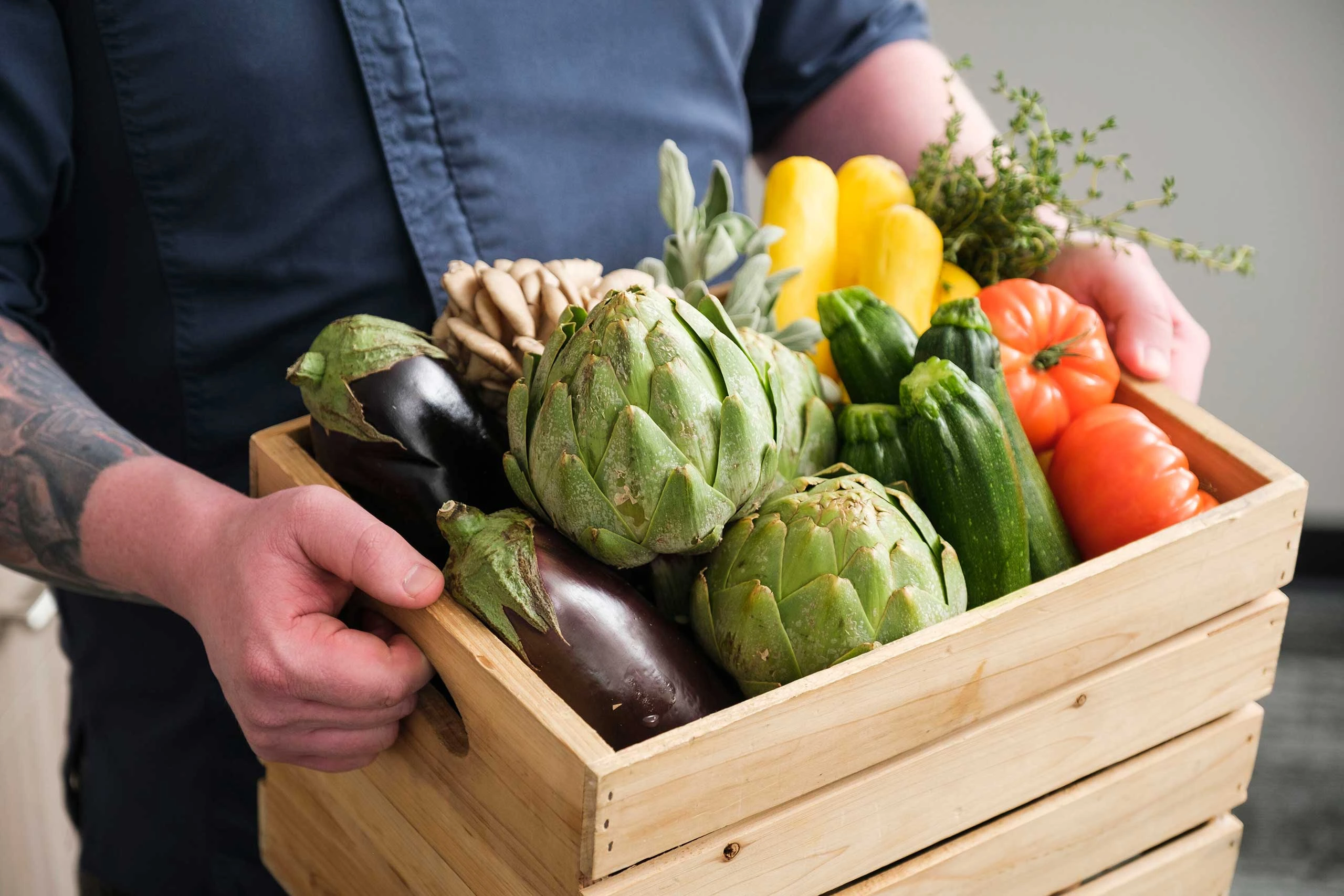 Close up of produce in wooden basket